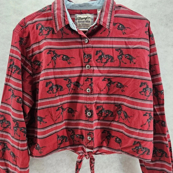 Wrangler Women’s  XL Western Wear For Women Horse Print Button Up Crop Top VTG - Picture 2 of 9